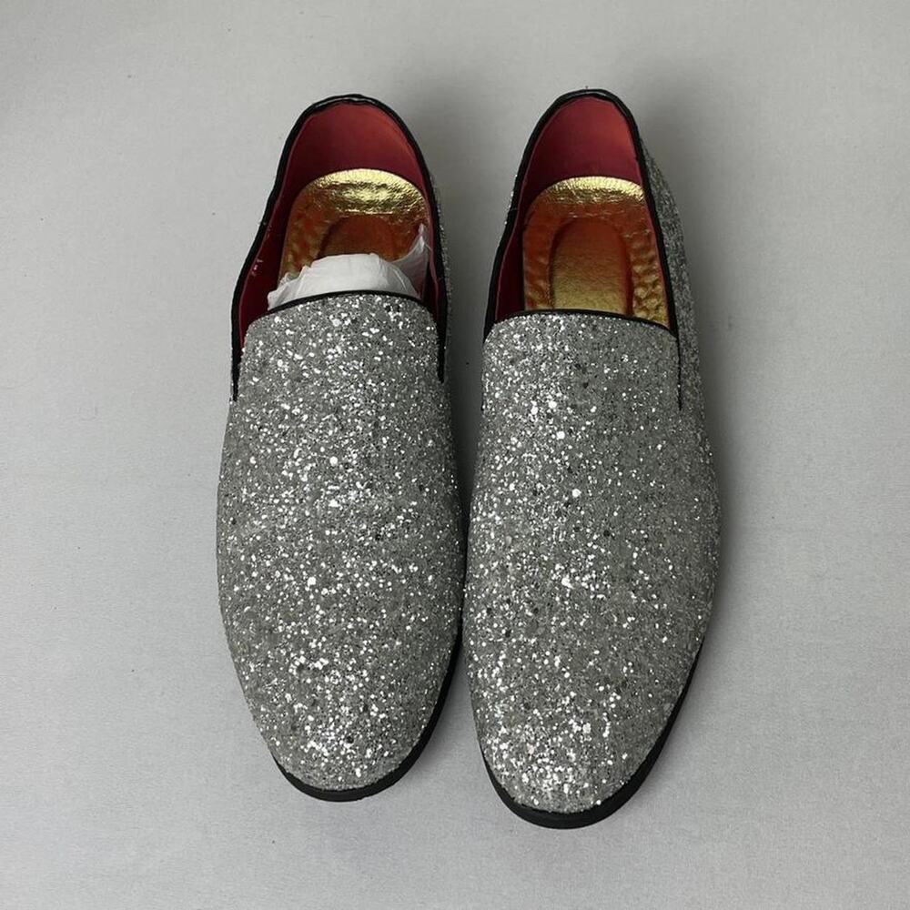 Men’s Haza Pairs Silver Sequin Loafers Size 10 Glitter Party Tuxedo Dress Shoes - Picture 3 of 7